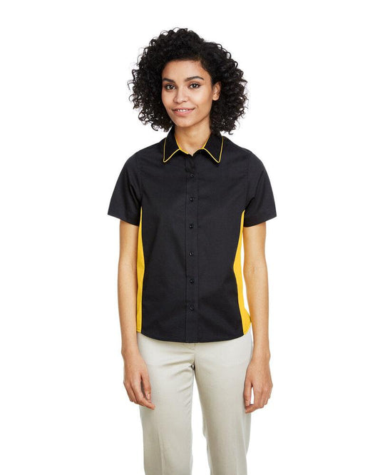Harriton M586W - Ladies Flash IL Colorblock Short Sleeve Shirt  - Black/Snry Yllw