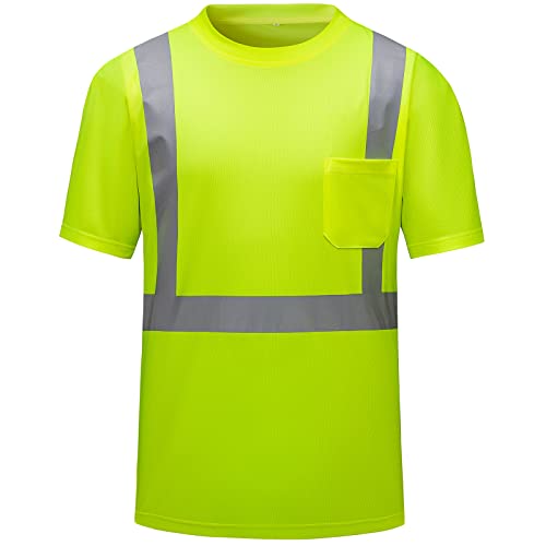 High Visibility Shirts Quick Dry Safety T Shirts with Reflective Strips and Pocket Short Sleeve Mesh Hi Vis Construction Work Class 2 Shirt for Men/Women Lime,XL