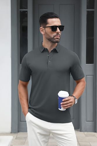 MAGCOMSEN Men's Polo Shirts Short Sleeve Cotton Pique 3 Button Classic Fit Casual T-Shirt Performance Golf Shirts