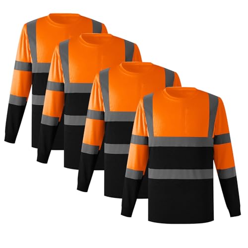 4 Pcs Safety High Visibility Tshirt Reflective Strips Hi Vis Long Sleeve Construction Work Shirts for Men with Pocket