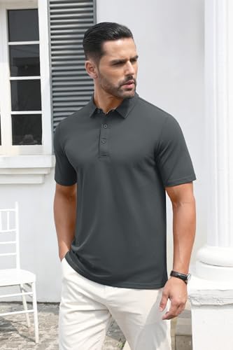 MAGCOMSEN Men's Polo Shirts Short Sleeve Cotton Pique 3 Button Classic Fit Casual T-Shirt Performance Golf Shirts