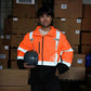 SHORFUNE High Visibility Softshell Waterproof Safety Jacket for Men, Class 3 Reflective Work Jackets with Pockets, Detachable Hood and Sleeves &Black Bottom, XL, Orange