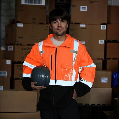 SHORFUNE High Visibility Softshell Waterproof Safety Jacket for Men, Class 3 Reflective Work Jackets with Pockets, Detachable Hood and Sleeves &Black Bottom, XL, Orange