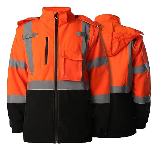 SHORFUNE High Visibility Softshell Waterproof Safety Jacket for Men, Class 3 Reflective Work Jackets with Pockets, Detachable Hood and Sleeves &Black Bottom, XL, Orange