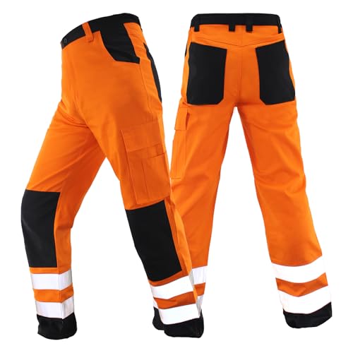 High Visibility Bright Orange Safety Work Pant with Multiple Pockets Construction Work Reflective Pants.