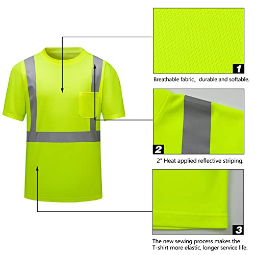 High Visibility Shirts Quick Dry Safety T Shirts with Reflective Strips and Pocket Short Sleeve Mesh Hi Vis Construction Work Class 2 Shirt for Men/Women Lime,XL