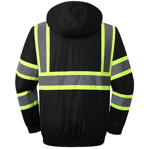 JKSafety Hi-Vis Winter Safety Bomber Jacket for men and women | Winter Safety Jacket Durable and Waterproof | Construction Work Jacket for Winter | Cold Weather PPE | ANSI Compliant (116-Black M)