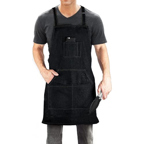 Black Denim Aprons for Men/Women with Pockets Tool Apron Waterproof Adjustable Canvas Apron Lightweight Kitchen Apron Work Apron