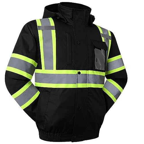 JKSafety Hi-Vis Winter Safety Bomber Jacket for men and women | Winter Safety Jacket Durable and Waterproof | Construction Work Jacket for Winter | Cold Weather PPE | ANSI Compliant (116-Black M)