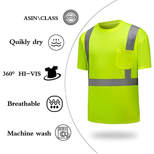 High Visibility Shirts Quick Dry Safety T Shirts with Reflective Strips and Pocket Short Sleeve Mesh Hi Vis Construction Work Class 2 Shirt for Men/Women Lime,XL