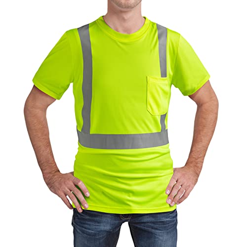 High Visibility Shirts Quick Dry Safety T Shirts with Reflective Strips and Pocket Short Sleeve Mesh Hi Vis Construction Work Class 2 Shirt for Men/Women Lime,XL