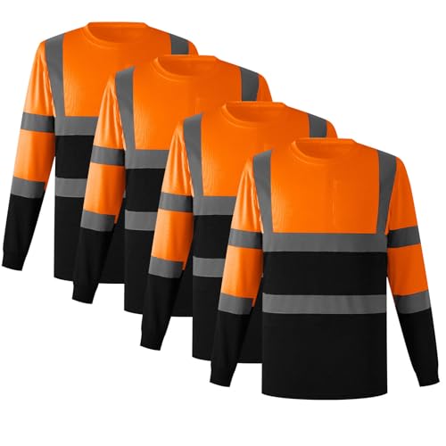 4 Pcs Safety High Visibility Tshirt Reflective Strips Hi Vis Long Sleeve Construction Work Shirts for Men with Pocket