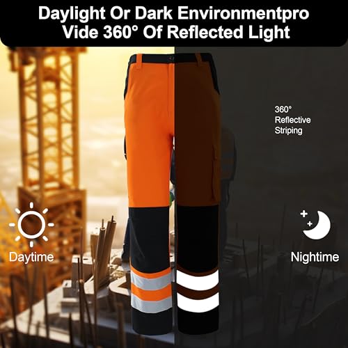 High Visibility Bright Orange Safety Work Pant with Multiple Pockets Construction Work Reflective Pants.