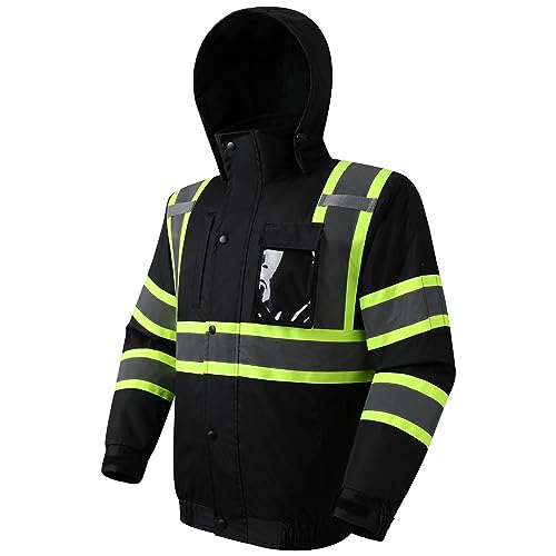 JKSafety Hi-Vis Winter Safety Bomber Jacket for men and women | Winter Safety Jacket Durable and Waterproof | Construction Work Jacket for Winter | Cold Weather PPE | ANSI Compliant (116-Black M)