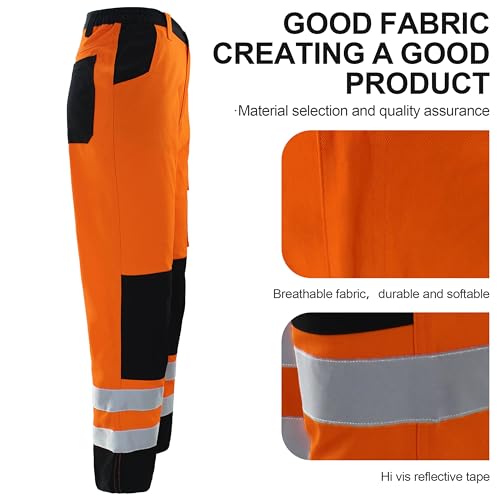 High Visibility Bright Orange Safety Work Pant with Multiple Pockets Construction Work Reflective Pants.