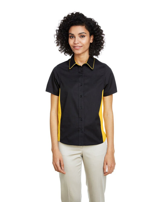 Harriton M586W - Ladies Flash IL Colorblock Short Sleeve Shirt  - Black/Snry Yllw