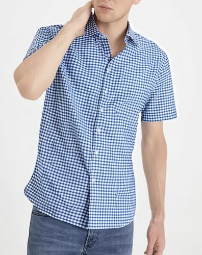 Manwan walk Mens Short Sleeve Plaid Casual Button Down Shirts Gingham Regular Fit Dress Shirts