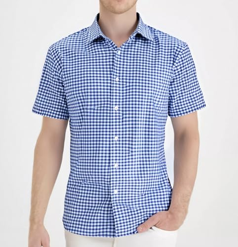 Manwan walk Mens Short Sleeve Plaid Casual Button Down Shirts Gingham Regular Fit Dress Shirts