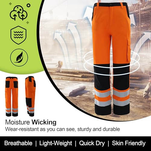 High Visibility Bright Orange Safety Work Pant with Multiple Pockets Construction Work Reflective Pants.