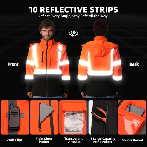 SHORFUNE High Visibility Softshell Waterproof Safety Jacket for Men, Class 3 Reflective Work Jackets with Pockets, Detachable Hood and Sleeves &Black Bottom, XL, Orange