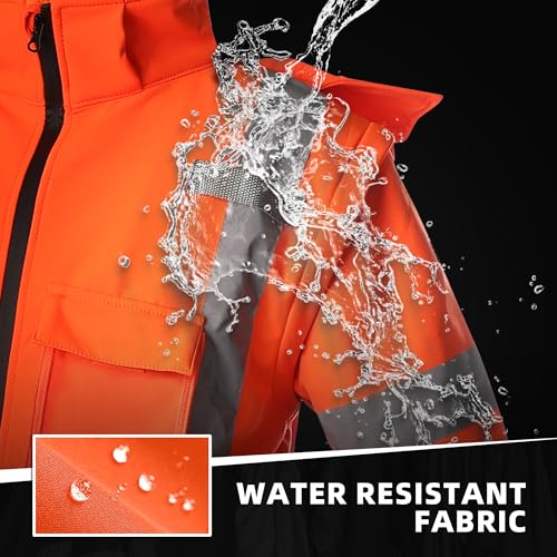 SHORFUNE High Visibility Softshell Waterproof Safety Jacket for Men, Class 3 Reflective Work Jackets with Pockets, Detachable Hood and Sleeves &Black Bottom, XL, Orange