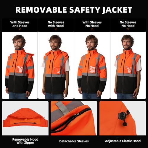 SHORFUNE High Visibility Softshell Waterproof Safety Jacket for Men, Class 3 Reflective Work Jackets with Pockets, Detachable Hood and Sleeves &Black Bottom, XL, Orange