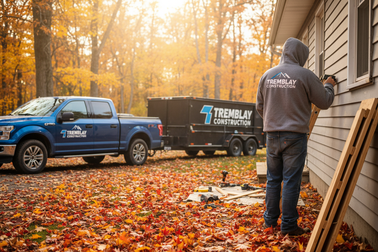 A construction worker wearing a beautiful grey hoodie with a logo for exact company name: Tremblay Construction on the back his back is turned to us and he's working on the outside of a house in a fall setting with colorful leaves on the ground. There's a pickup and a heavy-duty trailer in the back ground with the same logo on them. The pickup logo is on the side door. The trailer logo is full size on the side. 
